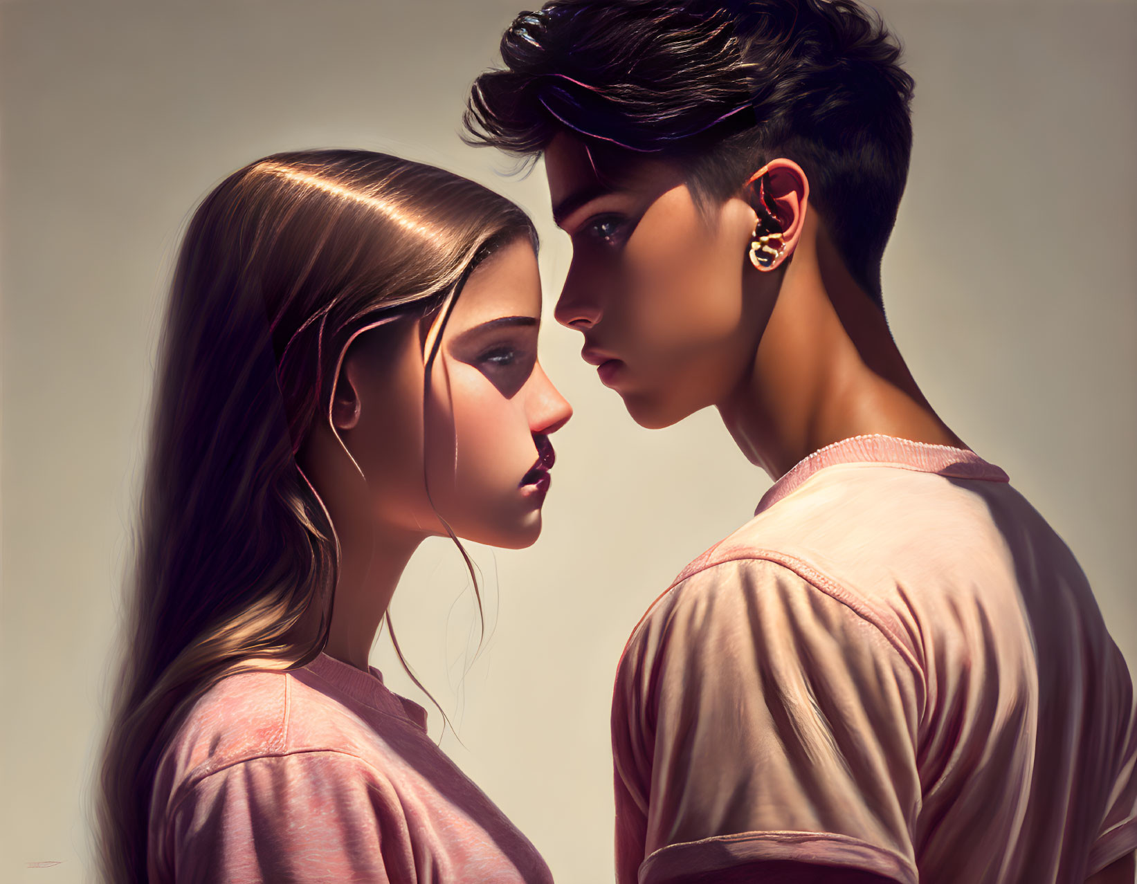 Intimate young couple illustration in soft warm light