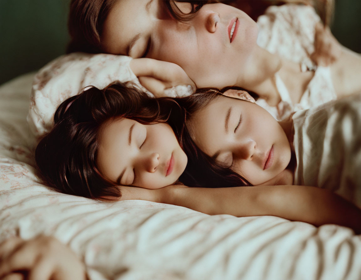 Mother and Two Children Sleeping Peacefully Together