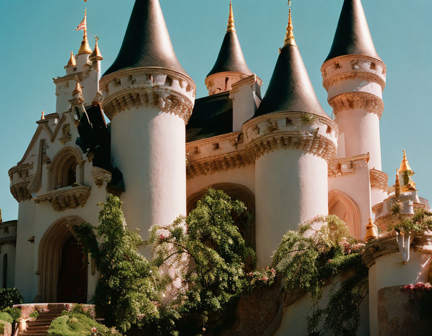 Castle with white walls, black turrets, and golden spires in lush green setting