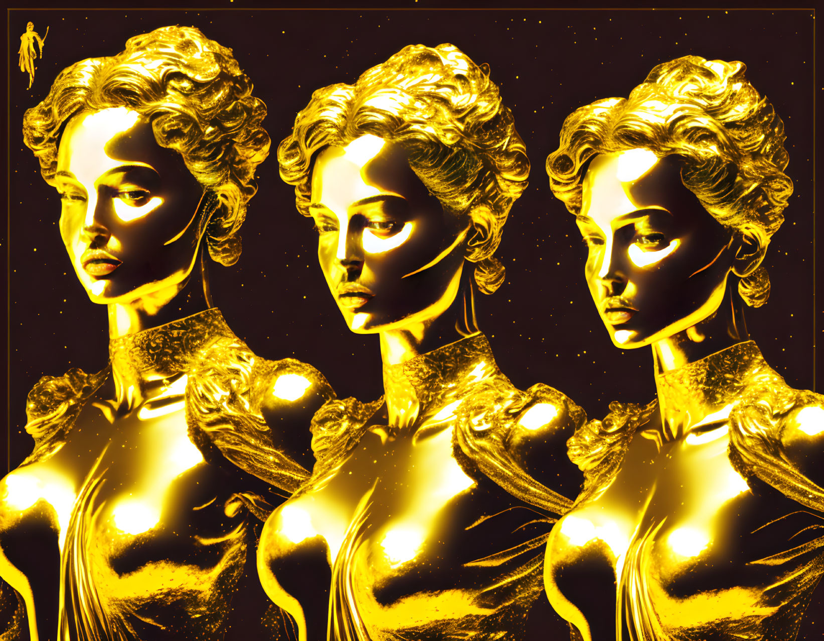 Golden statues of women with ornate hairstyles on dark background