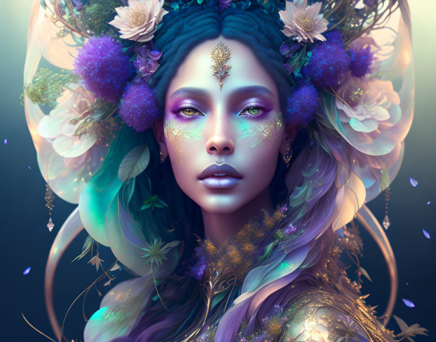 Fantasy portrait of woman with floral adornments and ethereal glow