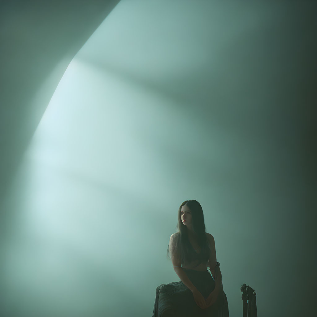 Contemplative woman in dimly lit room with soft shadows