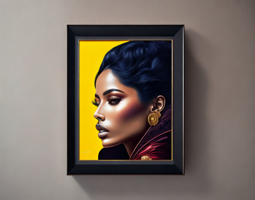 Stylized woman portrait with bold makeup and elaborate earring on yellow backdrop