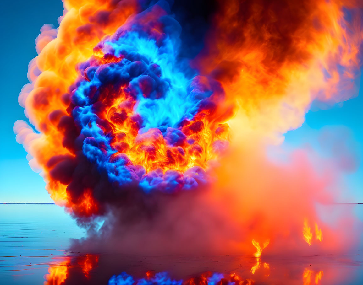 Colorful orange and blue flames reflecting on water under clear sky