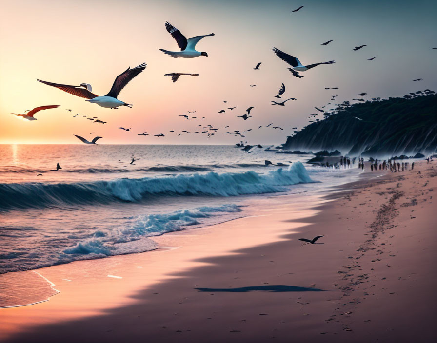 Scenic beach sunset with walking people, crashing waves, and flying birds