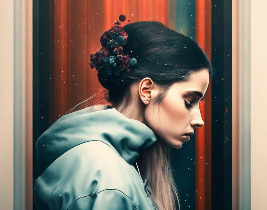 Profile portrait of woman with cosmic hairstyle on orange backdrop