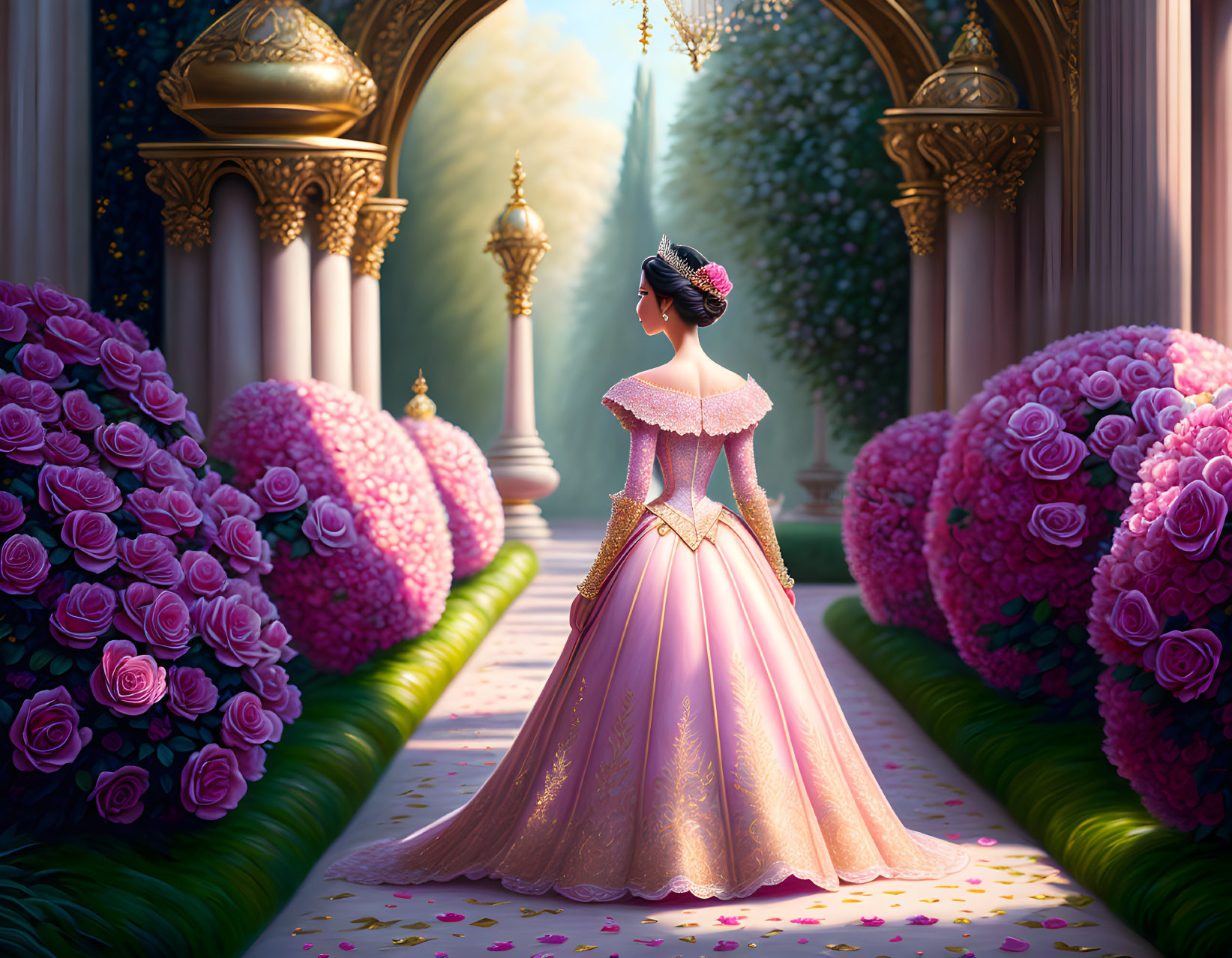 Woman in pink gown in grand hall with pink roses and tree-lined path