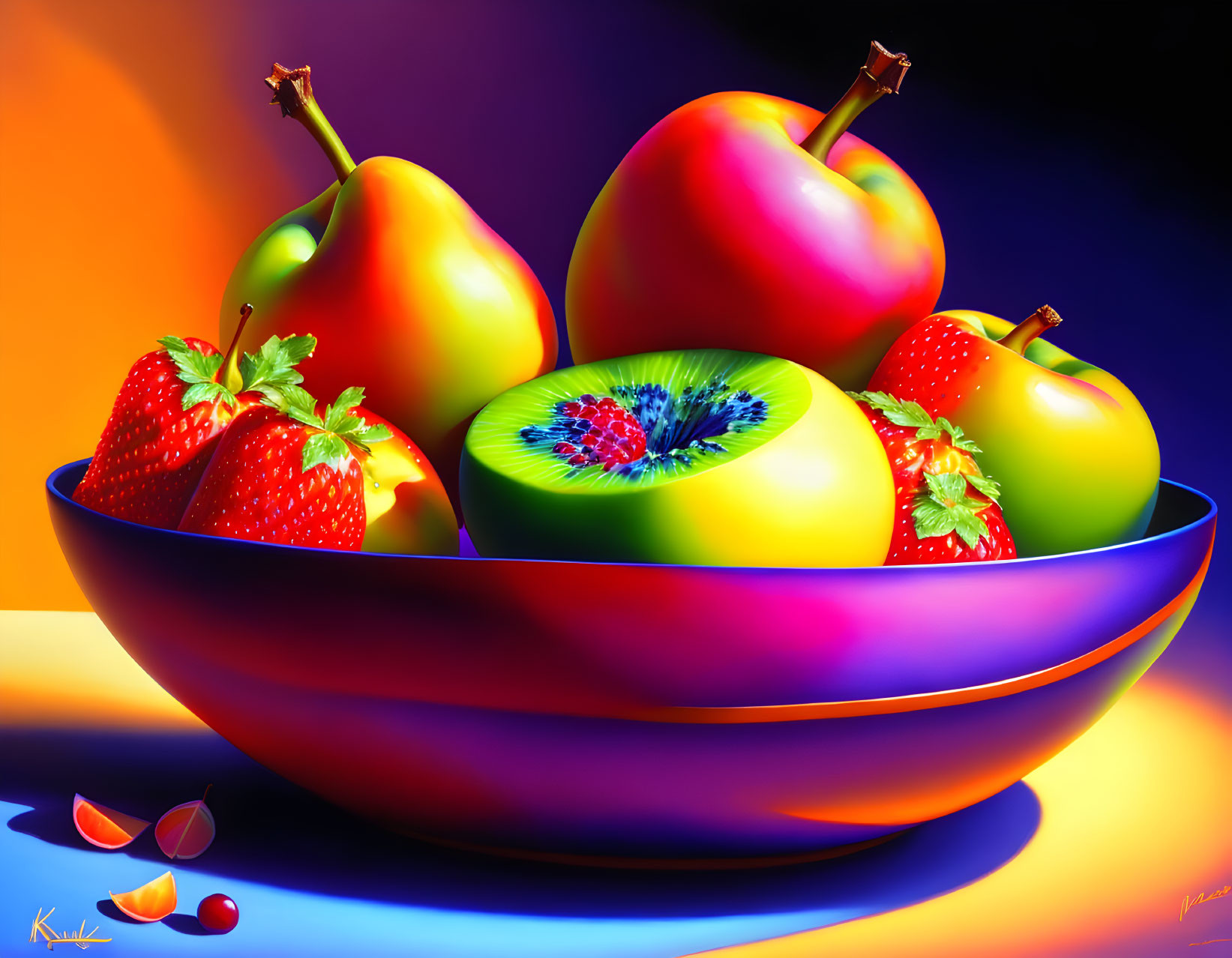 Colorful Fruit Still Life Painting with Kiwis, Strawberries, and Apples