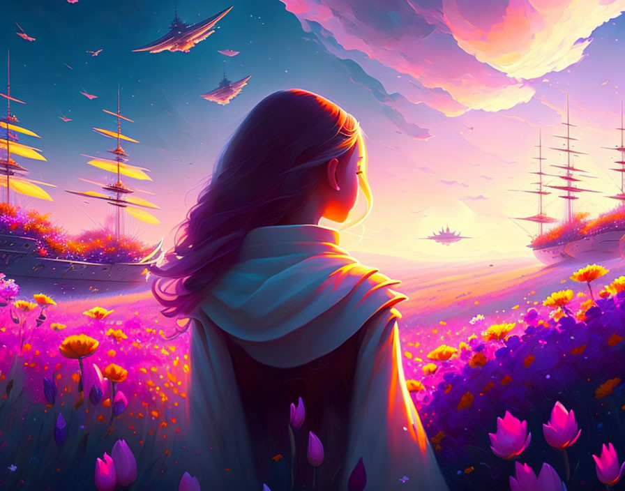 Woman admires surreal sky with flying ships over vibrant flower field