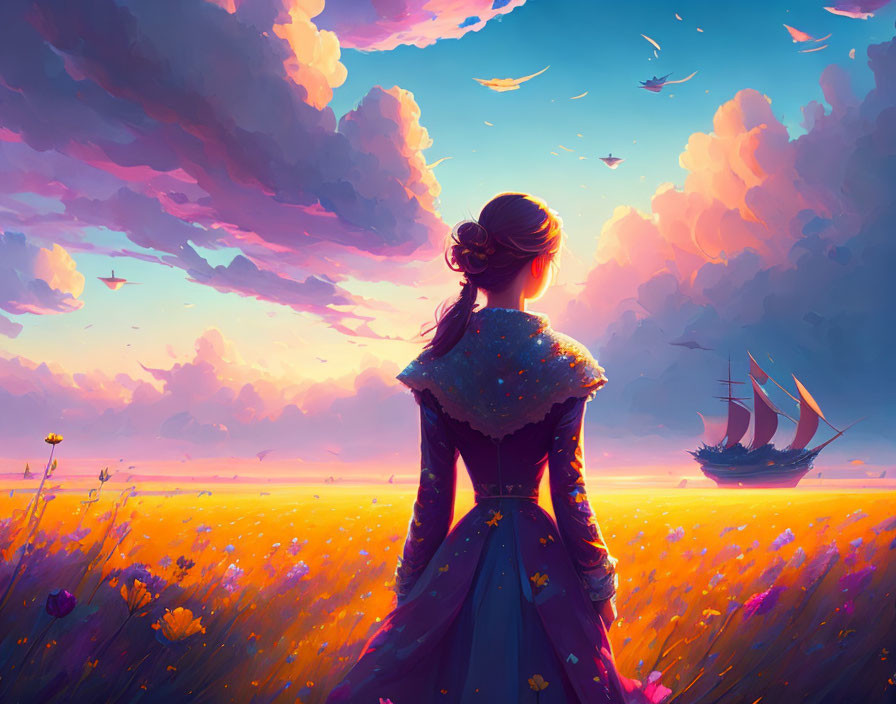 Woman in dress gazes at ship in sky over vibrant field at sunset