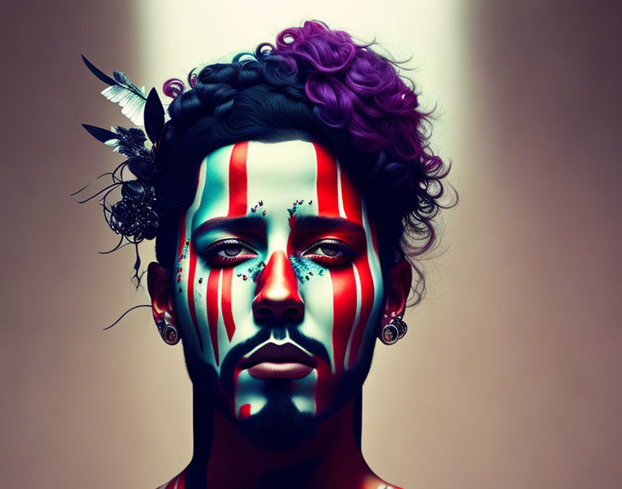 Vibrant digital portrait with face paint, piercings, feathers, and intense gaze