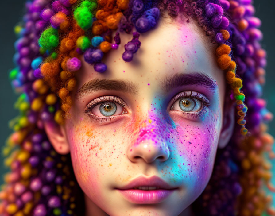 Child with Multicolored Curly Hair and Freckles, Green-Blue Eyes