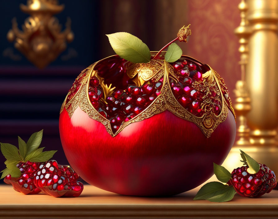 Ornate golden crown on opulent pomegranate against plush backdrop