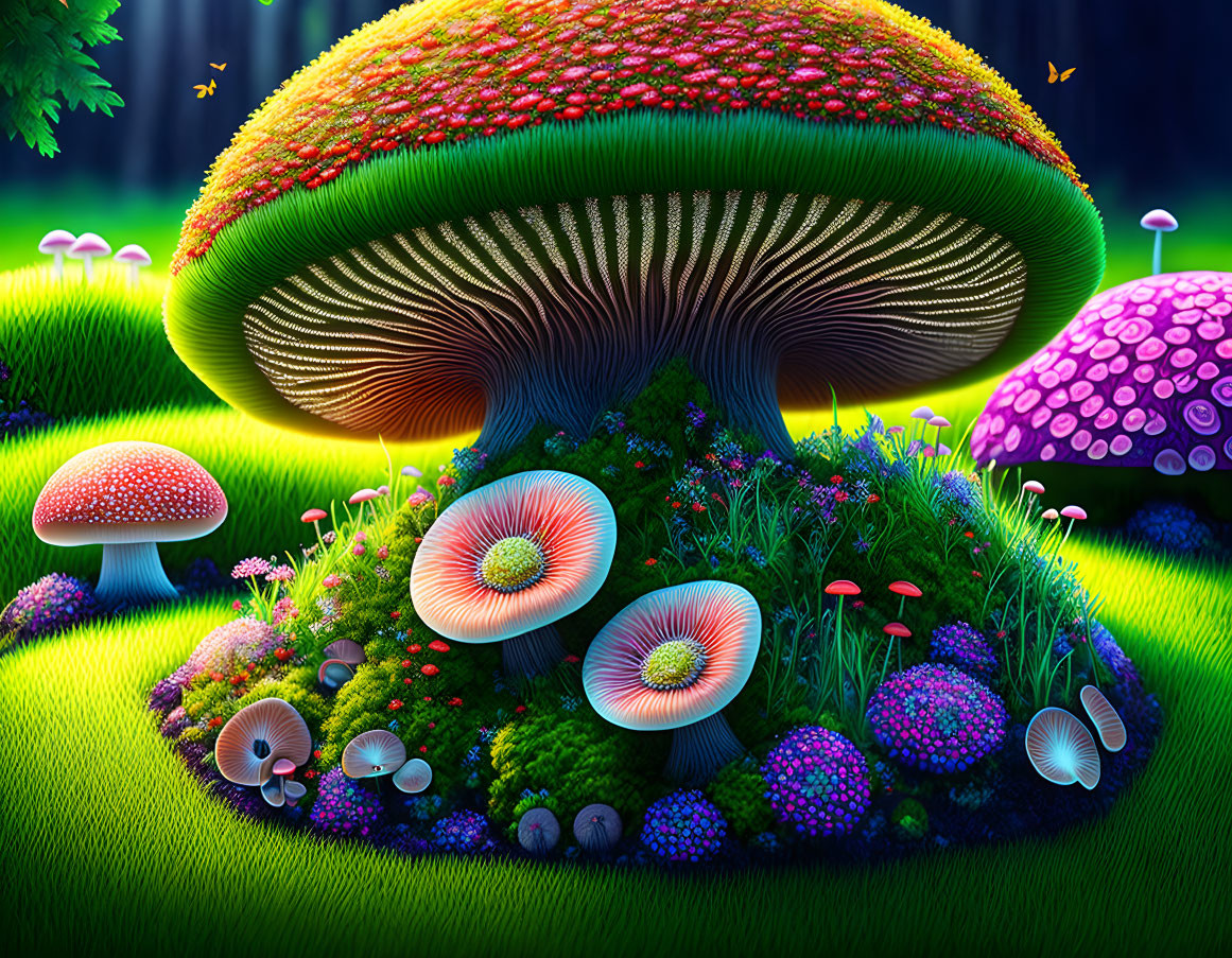 Colorful oversized mushrooms in lush forest setting