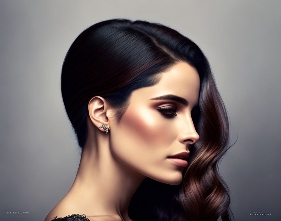 Dark-haired woman in profile with subtle makeup and earring on grey background