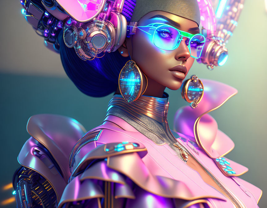 Futuristic female figure with cybernetic headgear in sci-fi setting