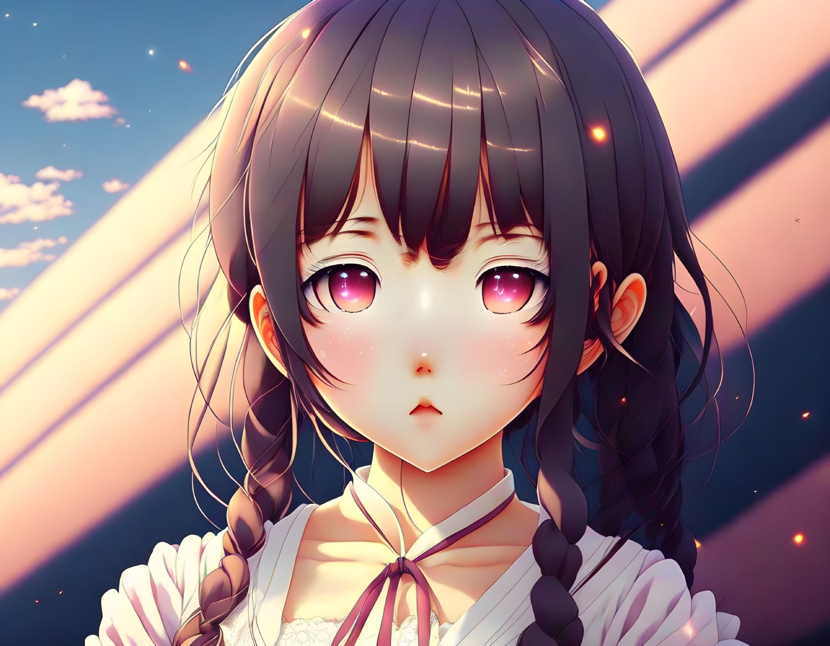 Digital artwork featuring girl with purple eyes, braided brown hair, white blouse, against sunset sky