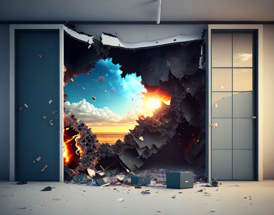 Surreal image of torn room wall: chaotic fire and serene ocean sunset