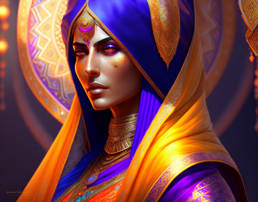 Vibrant digital art portrait of woman in purple and gold attire