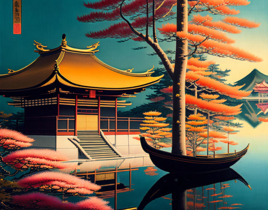 Traditional Japanese architecture with pagoda and sakura trees under orange sky