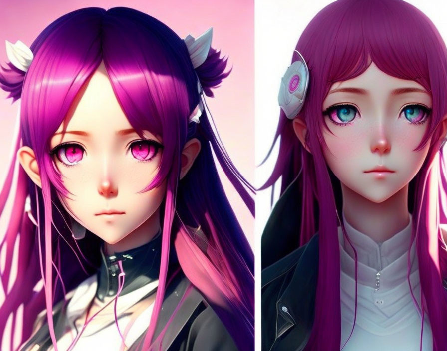 Stylized digital portraits of female character with purple hair and elf-like ears