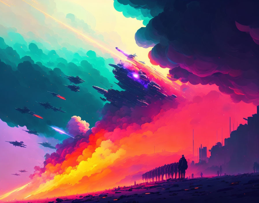 Digital Artwork: Futuristic Landscape with Colorful Clouds & Spaceships