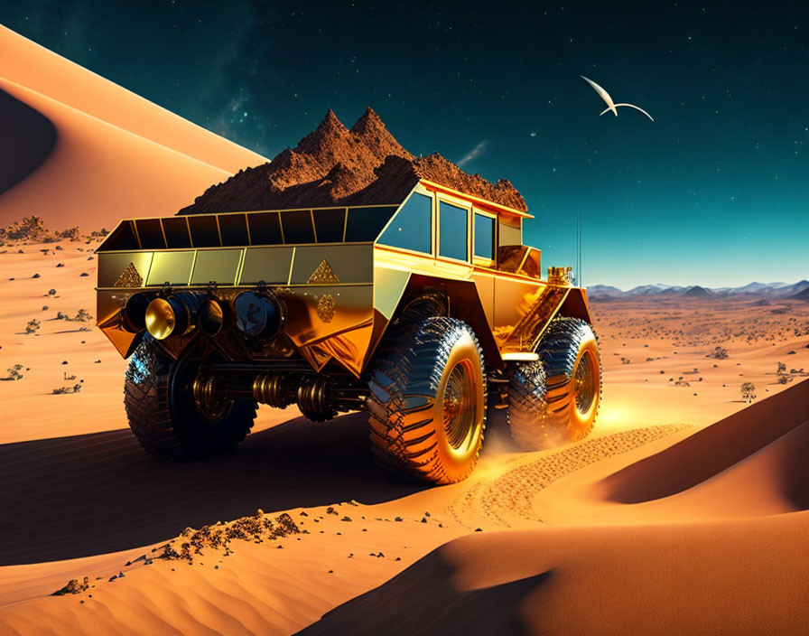 Futuristic vehicle with golden wheels in desert sunset scene