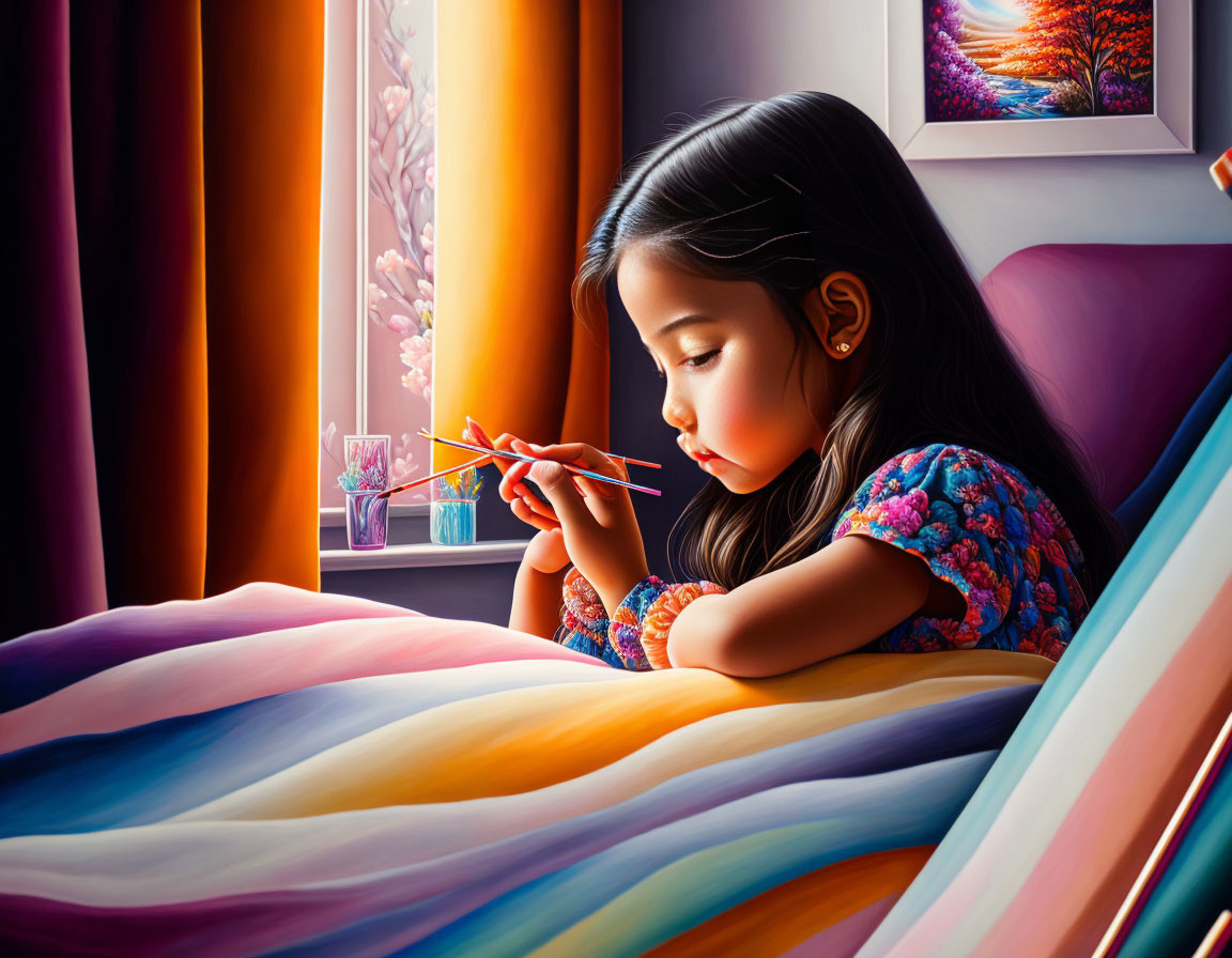 Young girl in colorful dress painting on multicolored bed with sunlight from window