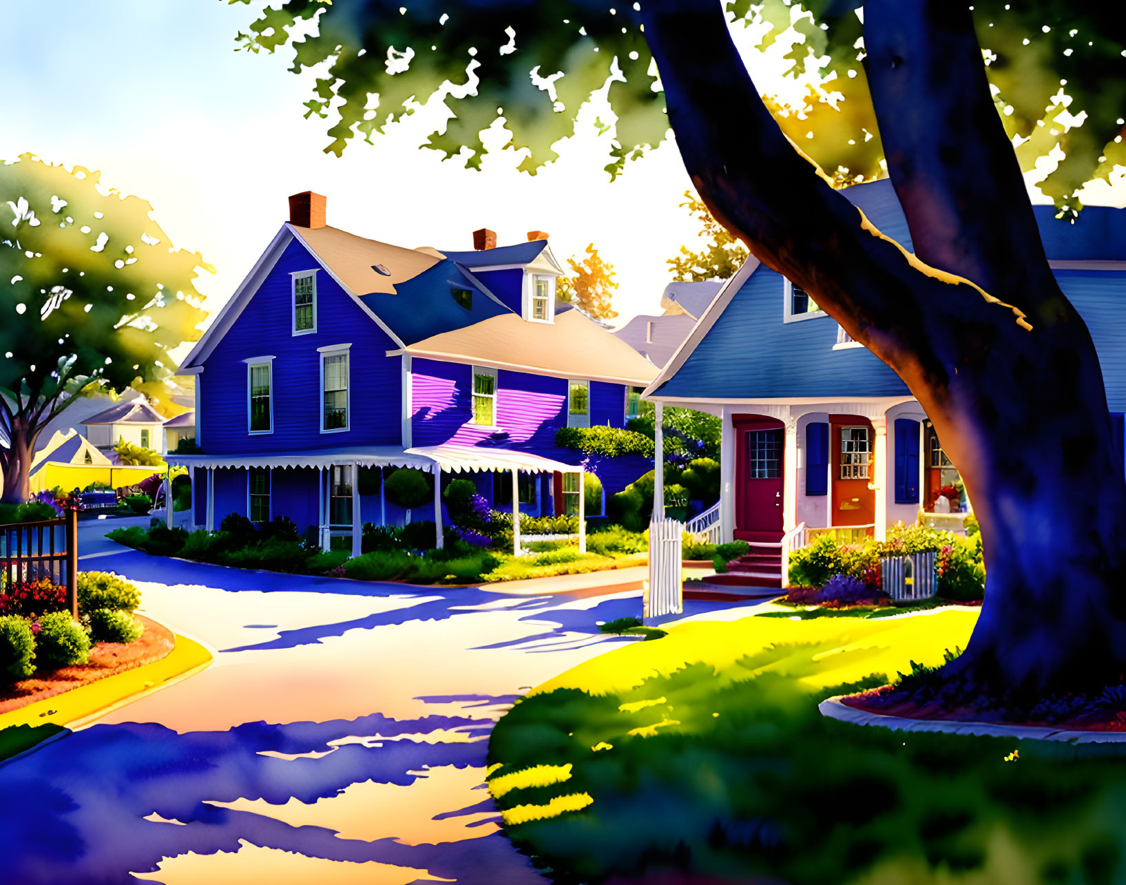 Colorful Suburban Neighborhood Illustration with Tree and Sun Shadows