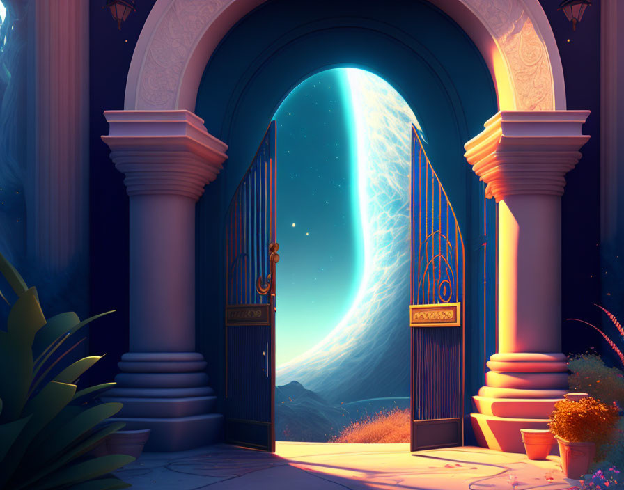 Ornate gate framing vibrant night sky with ringed planet