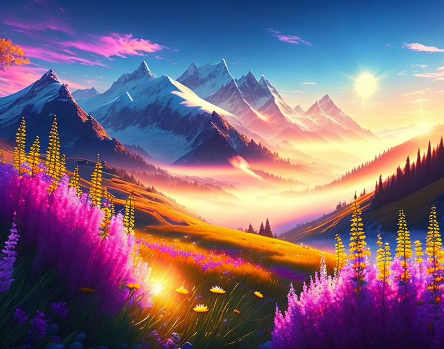 Scenic sunrise over snow-capped mountains and purple flowers