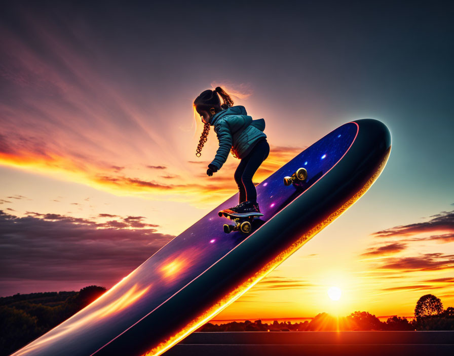 Person skateboarding on large skateboard sculpture at sunset sky.