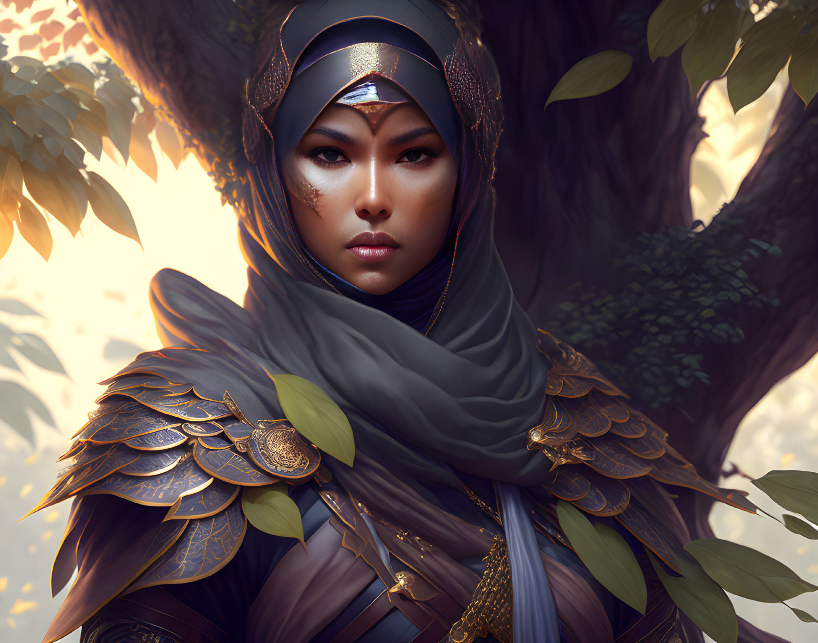 Digital artwork of stern woman in armor and headscarf against forest backdrop