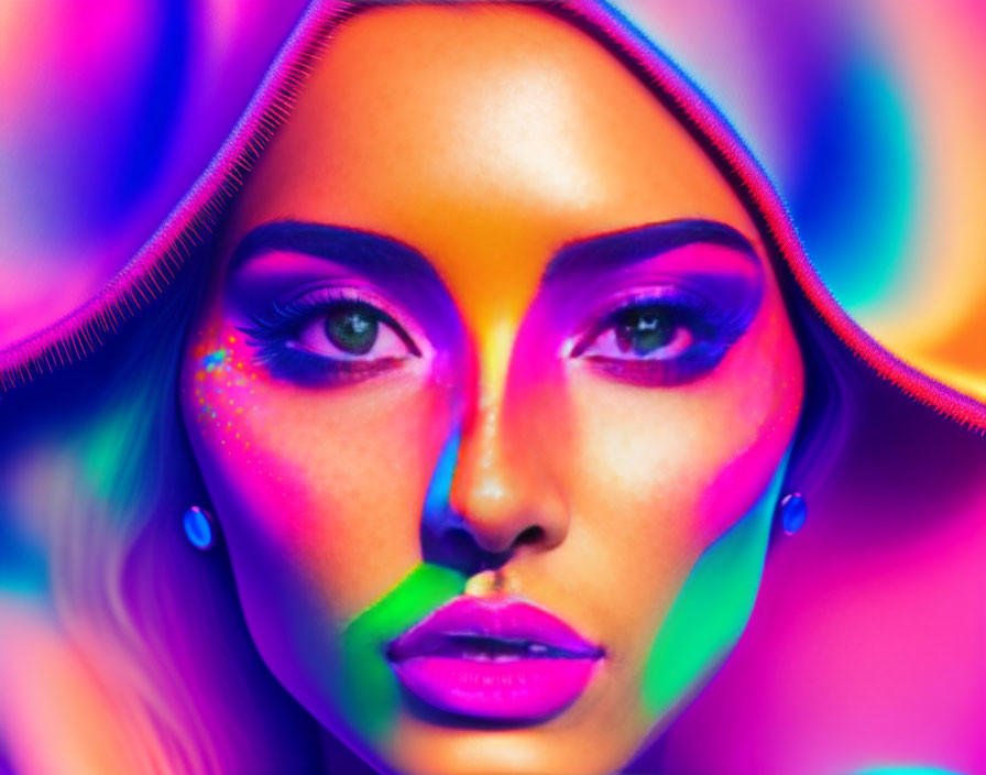 Vibrant neon light portrait of a woman with striking makeup