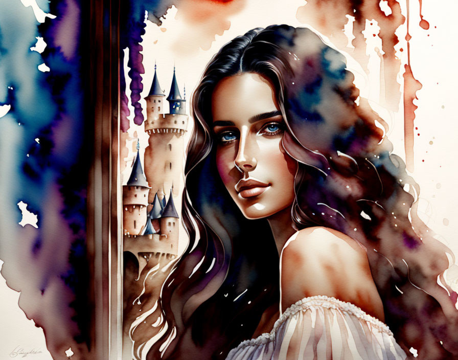 Vibrant watercolor painting of woman with flowing hair and fantasy castle.