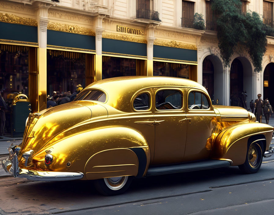 Vintage golden car parked near European-style building and cafe.