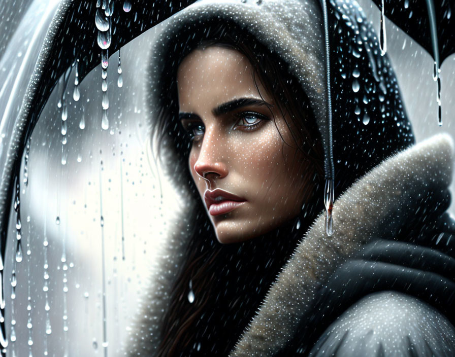 Intense-eyed woman with black umbrella in the rain