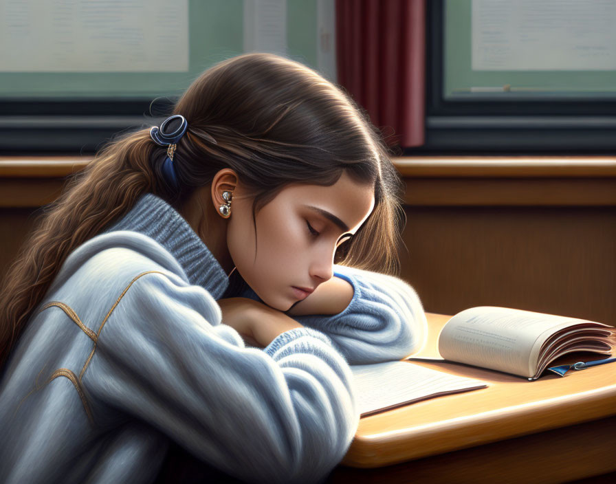 Young woman with closed eyes beside open book on desk