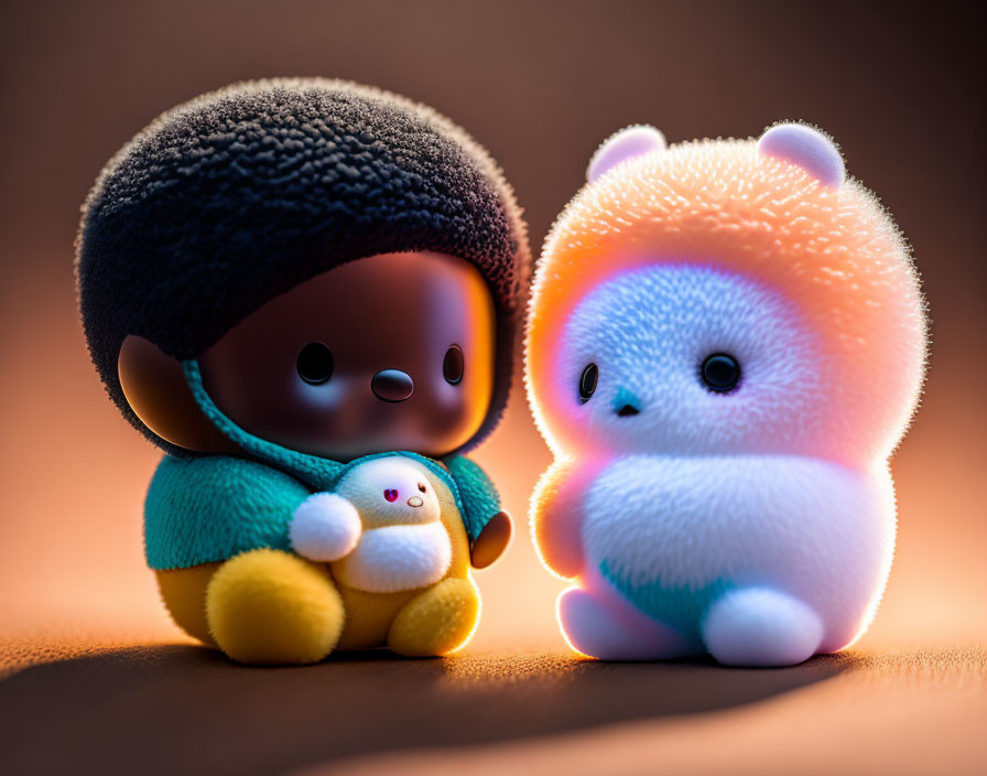 Illuminated vinyl toys: Afro character and bear with glowing outlines