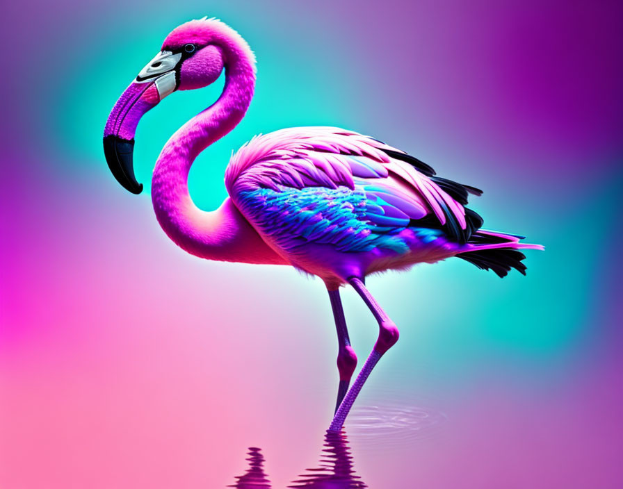 Vibrant pink flamingo with iridescent feathers on gradient purple and teal background