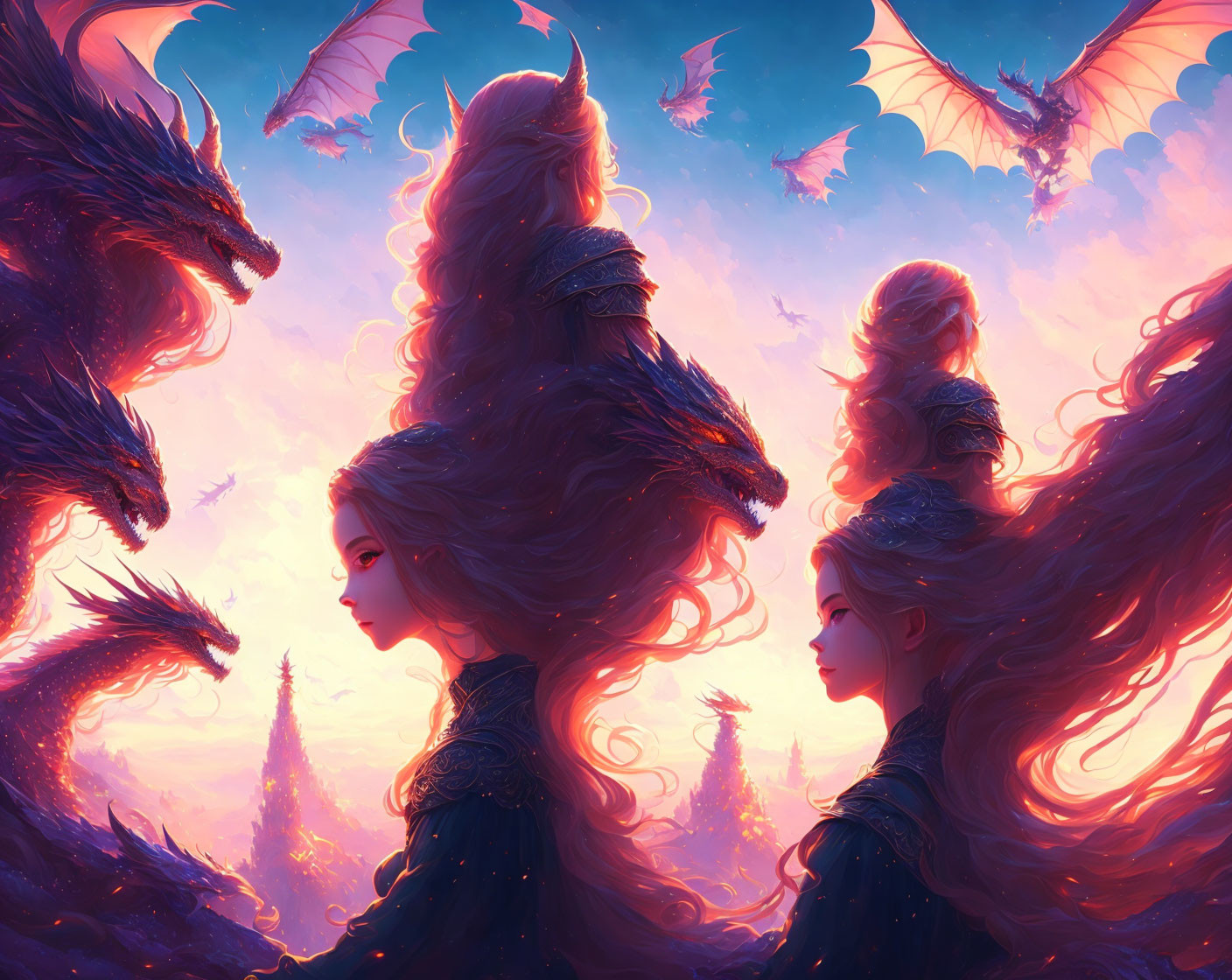 Fantasy scene featuring two women, majestic dragons, vibrant sunset sky