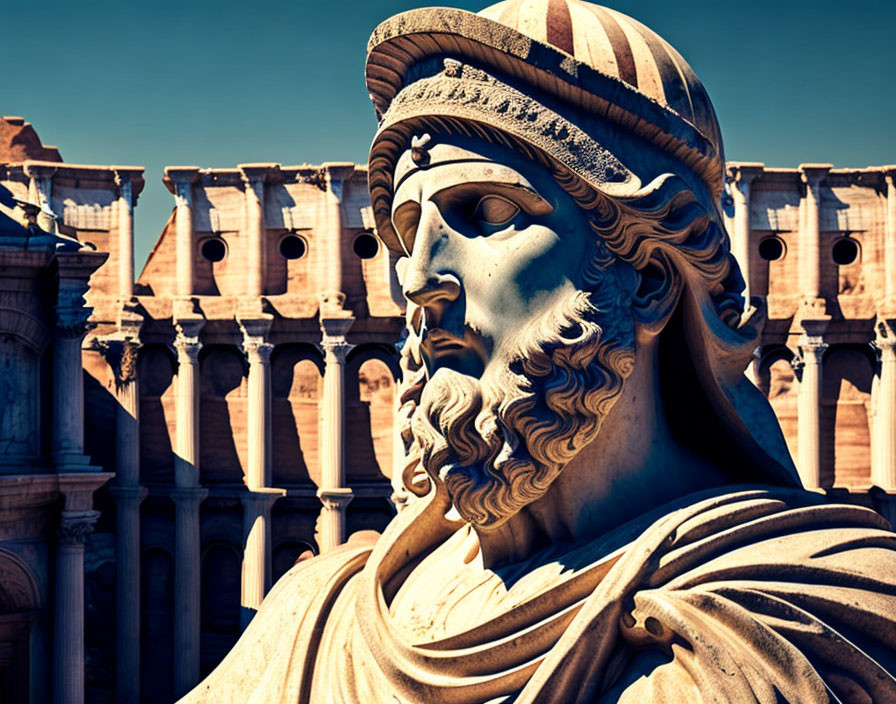 Classical statue head and shoulders with intricate carving against blue sky and ancient structure.