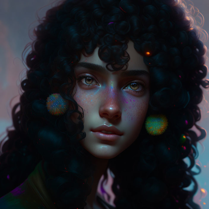 Voluminous curly black hair, rainbow freckles, vibrant orbs in dusky setting