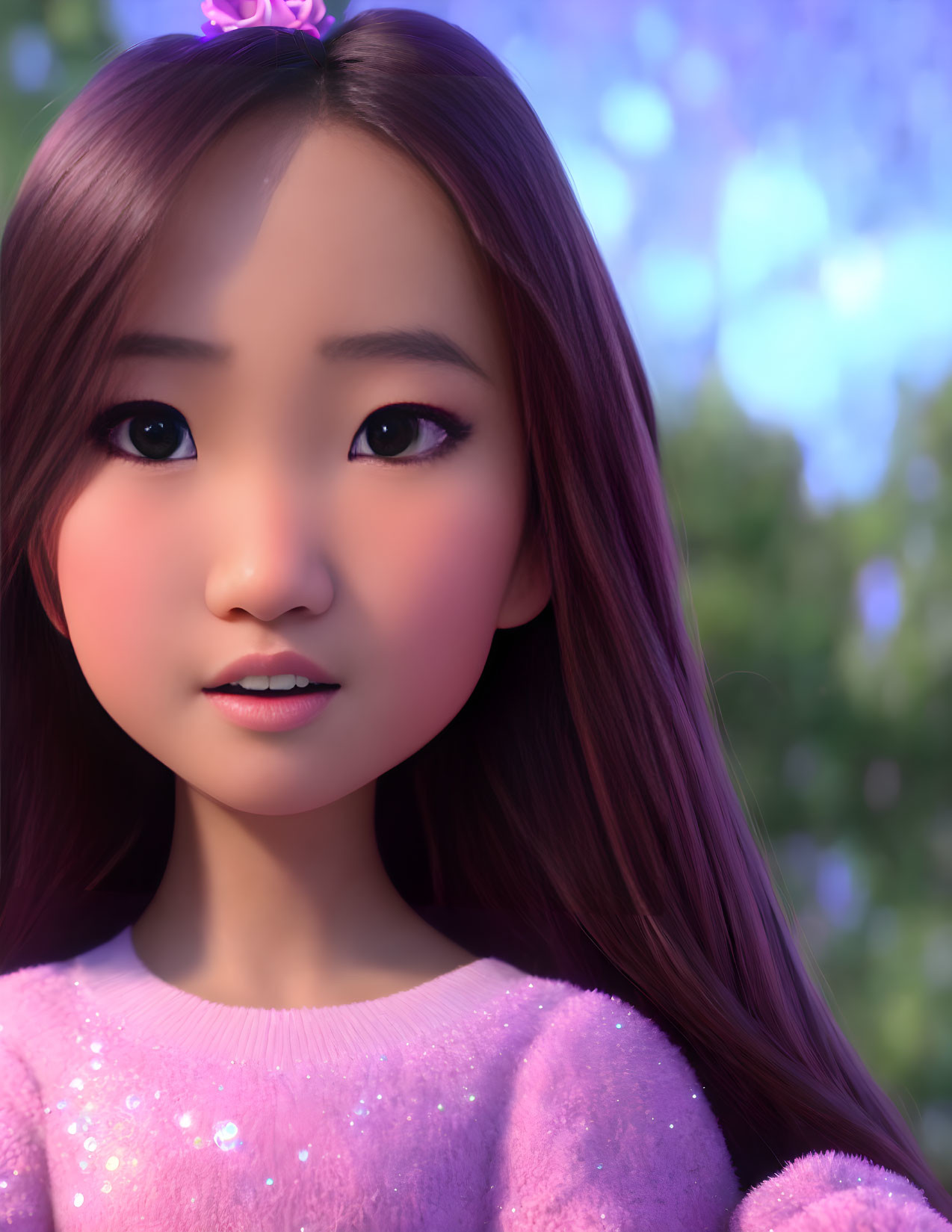 3D animated young girl with long brown hair and purple flower in sparkly pink top against soft-focus