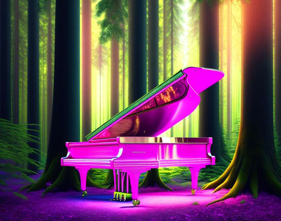 Vibrant pink grand piano in fantastical forest with towering trees