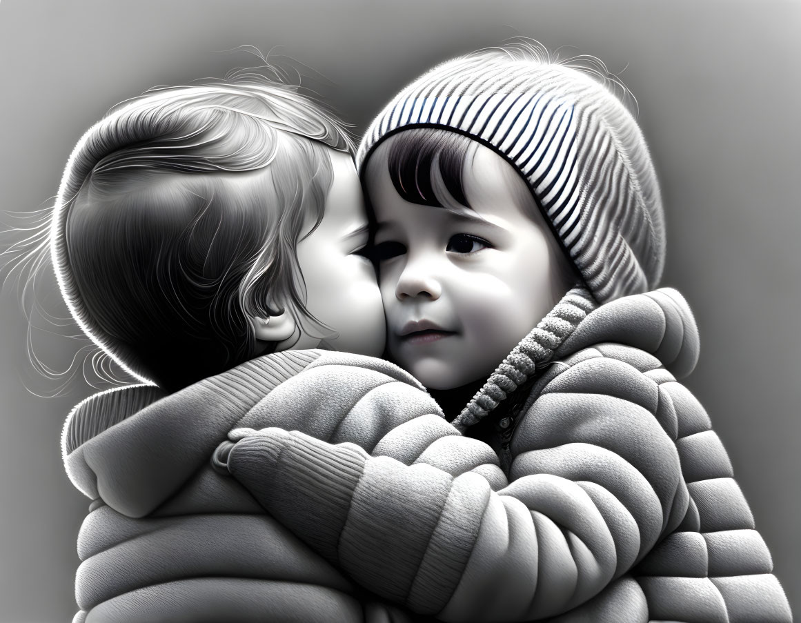 Young children in knit hats embrace in grayscale tones