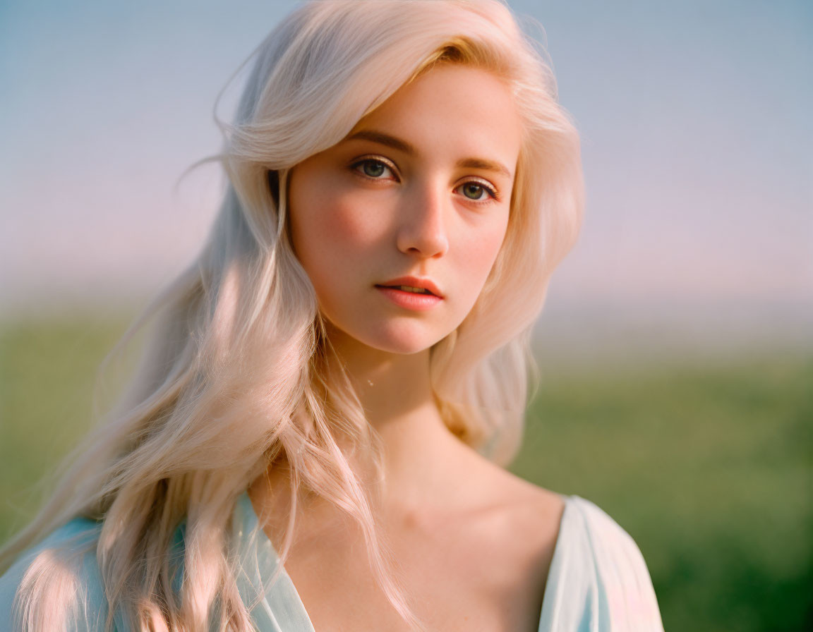 Blonde woman with fair skin in serene outdoor setting