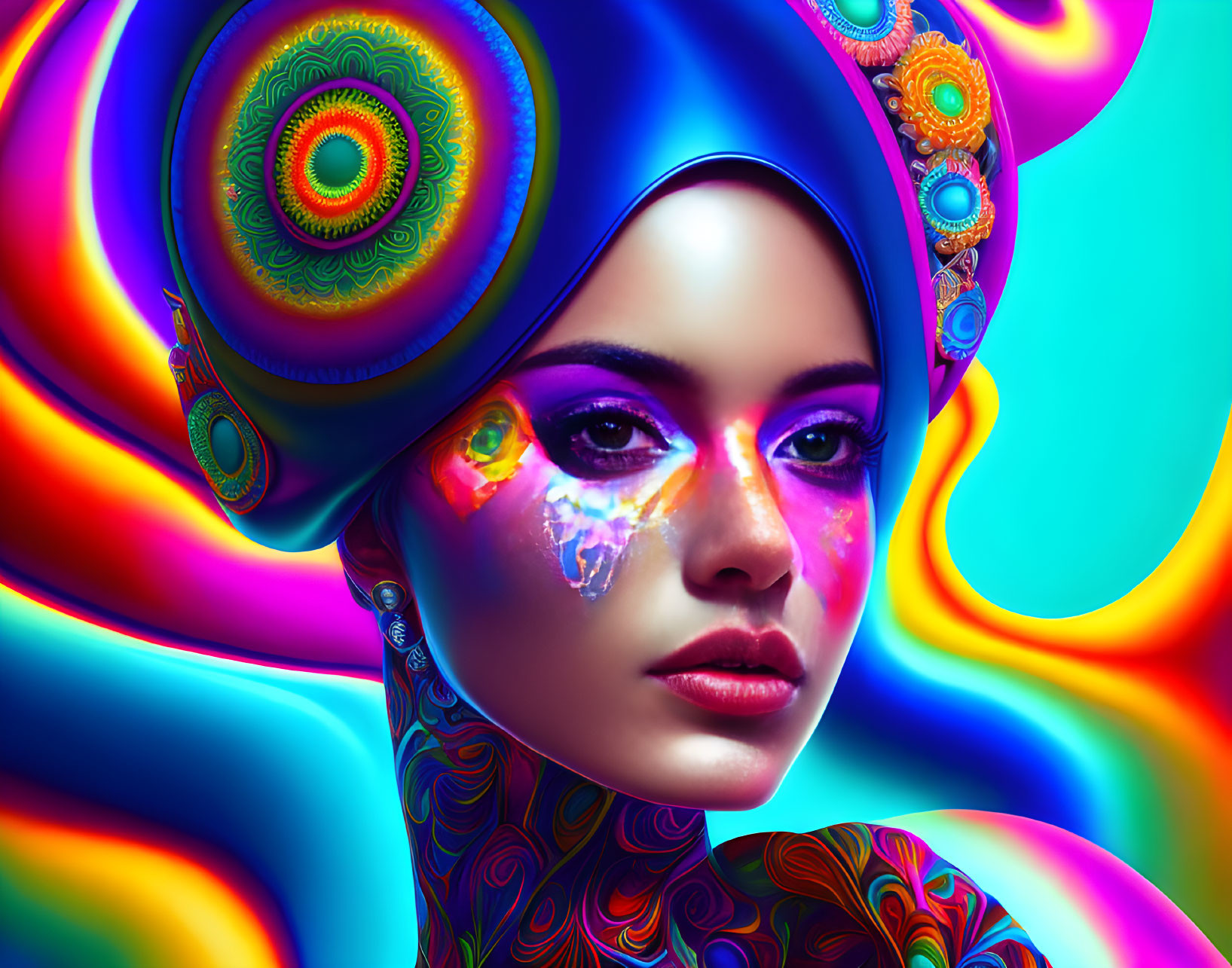 Colorful Woman with Psychedelic Patterns on Skin and Headdress