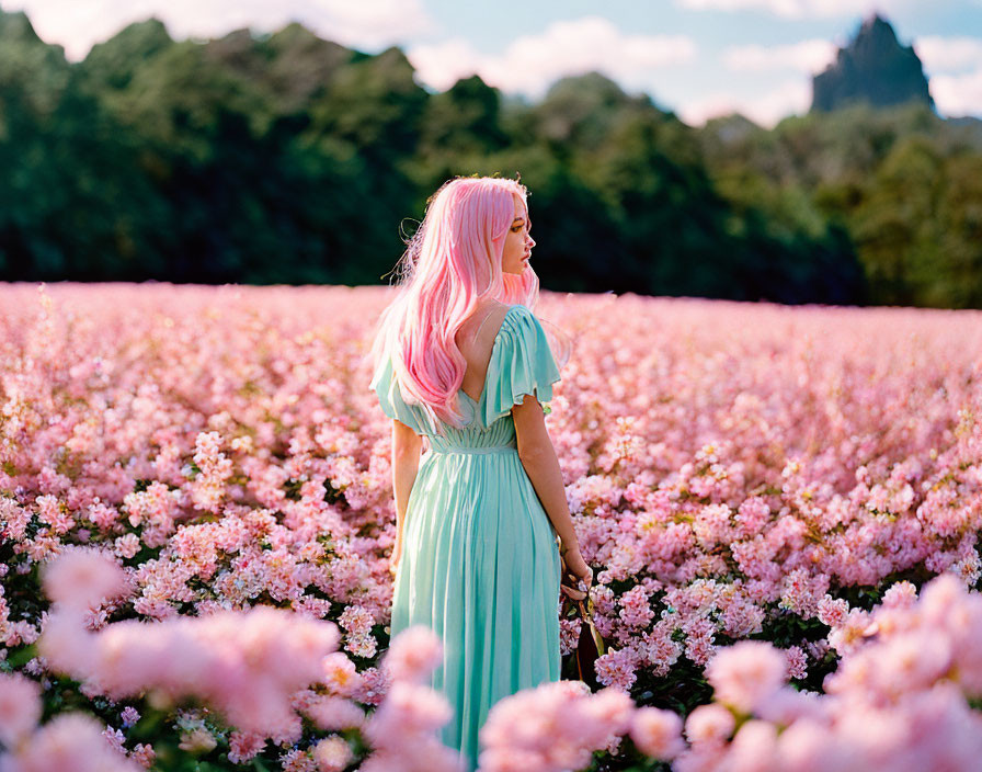 Pink-haired woman in mint green dress amidst pink flowers and mountain landscape.