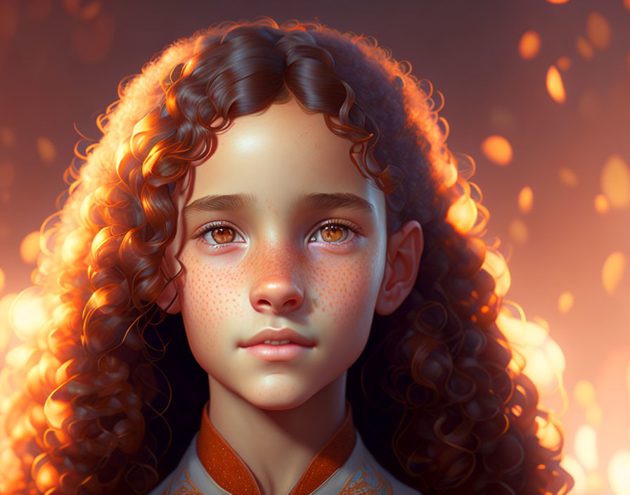 Portrait of young girl with curly hair, freckles, and large eyes in warm glowing light